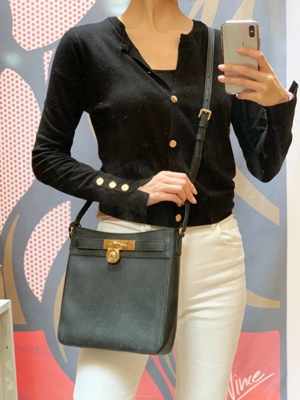 Michael Kors Black Leather Crossbody with Gold Turnlock